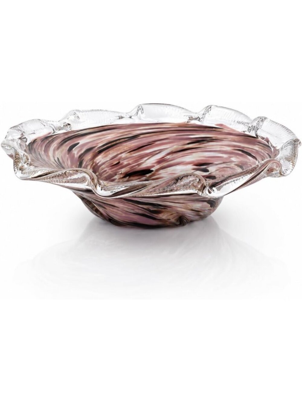 Hand Blown Glass Decorative Bowl, 12" Swirl Ruffled Rim Centerpiece, Fruit Bowl